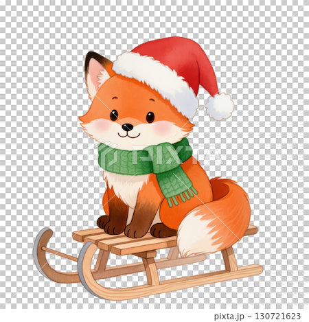 Christmas cartoon fox wearing Santa hat and green scarf sitting on wooden sled. Cute festive winter animal illustration. Isolated on transparent background. 130721623