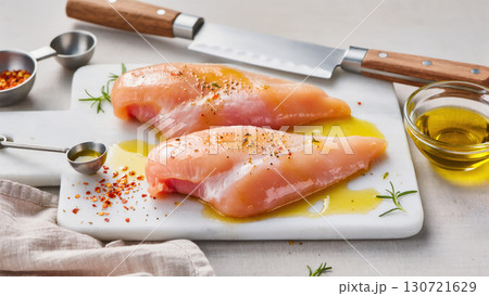 Raw chicken breast fillets marinated with olive oil, herbs, and spices on white cutting board. Fresh ingredients prepared for cooking. 130721629