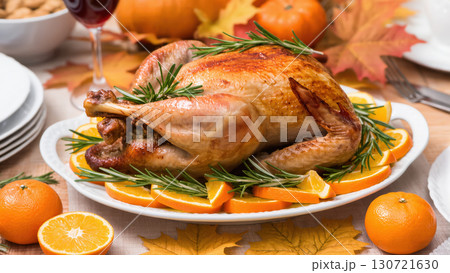 Thanksgiving roasted turkey with orange slices and rosemary on festive table. Traditional holiday dinner with autumn decor and seasonal elements. Thanksgiving roasted turkey with orange slices and rosemary on festive table. Traditional holiday dinner with autumn decor and seasonal elements. 130721630