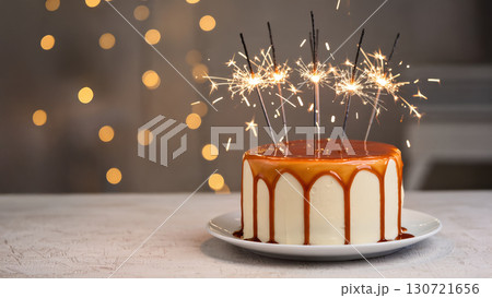 Festive caramel drip cake with burning sparklers on top, served on white plate against glowing bokeh lights background 130721656