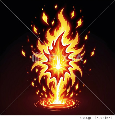 Mesmerizing fiery explosion with swirling orange and yellow flames, ideal for fantasy or magical themes. 130721671