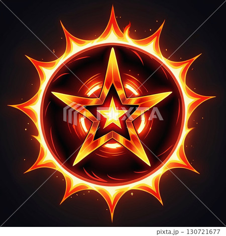 Fiery Star Emblem: A blazing star symbol radiating intense energy, light, and heat, signifying power and achievement. 130721677