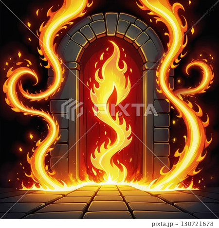A fiery spectacle unfolds as swirling flames illuminate an ancient stone arch and a mysterious red door. A fiery spectacle unfolds as swirling flames illuminate an ancient stone arch and a mysterious red door. 130721678