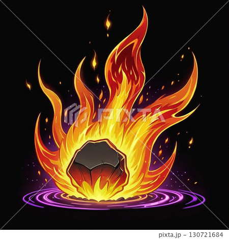 A burning rock radiates intense fiery energy, creating a magical and mystical scene. A burning rock radiates intense fiery energy, creating a magical and mystical scene. 130721684