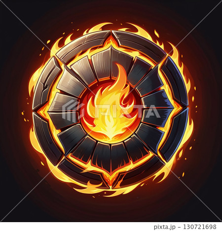 Burning Stone Emblem: A fiery circular emblem with a stone texture and intense flames. 130721698