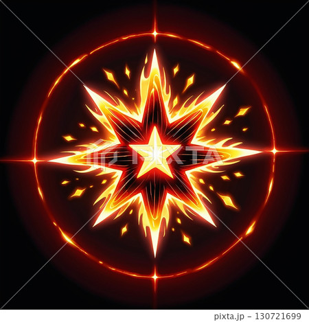 A fiery star explodes in a circular frame, radiating intense heat and light, perfect for fantasy designs. 130721699