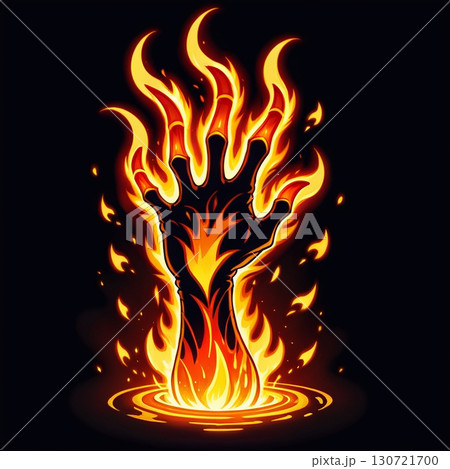 A fiery hand bursts from dark water, engulfed in intense flames; a dramatic and surreal scene. 130721700