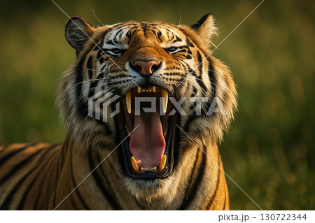 Ferocious tiger roaring in thick jungle foliage with fierce power and intensity. Ferocious tiger roaring in thick jungle foliage with fierce power and intensity. 130722344