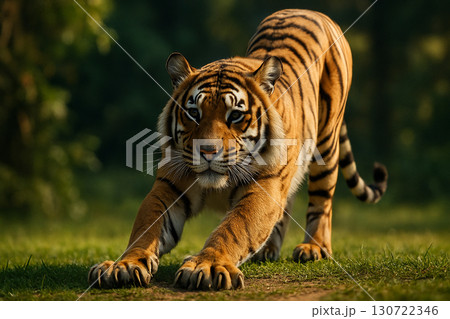 Magnificent tiger peering downward from rocky terrain with watchful gaze into jungle. Magnificent tiger peering downward from rocky terrain with watchful gaze into jungle. 130722346