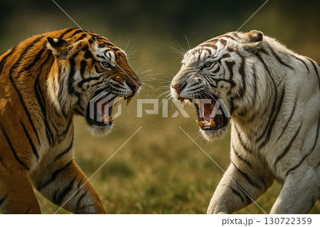 Two tigers locked in confrontation with one roaring loudly in dramatic tension scene. Two tigers locked in confrontation with one roaring loudly in dramatic tension scene. 130722359