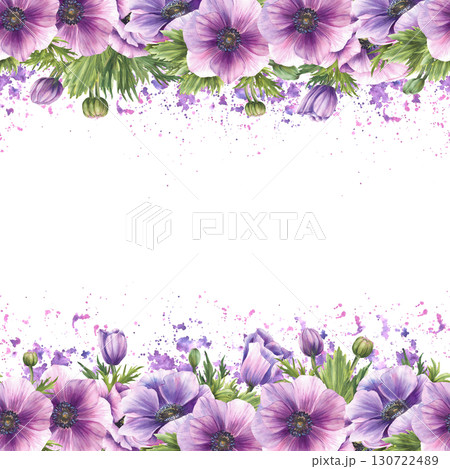 Anemone flower with green and pink buds floral seamless border frame on purple watercolor spotted splashes background. Realistic greenery floral wedding design. Hand drawn isolated from illustration 130722489