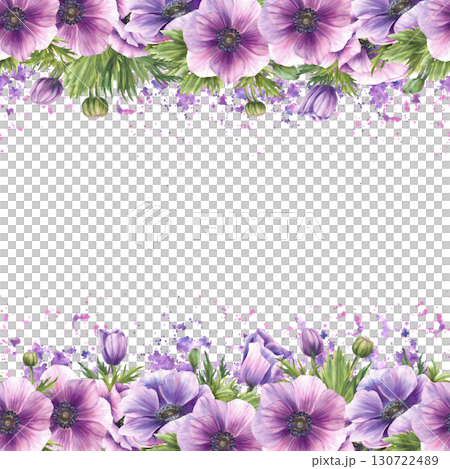 Anemone flower with green and pink buds floral seamless border frame on purple watercolor spotted splashes background. Realistic greenery floral wedding design. Hand drawn isolated from illustration 130722489