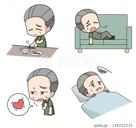 うつ病の身体的症状のイラスト4種類セット・高齢男性 130722533