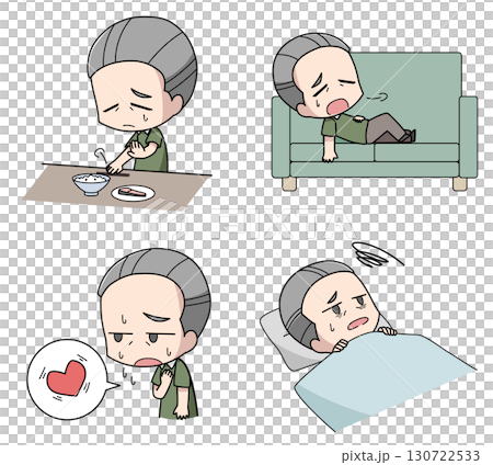 うつ病の身体的症状のイラスト4種類セット・高齢男性 130722533