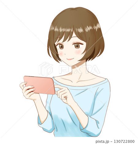 スマートフォンを操作する笑顔のアニメ風の女の子（透明背景） 130722800