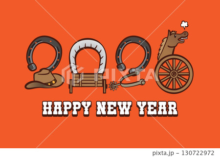 ウェスタン風2026年年賀状(朱色背景) ウェスタン風2026年年賀状(朱色背景) 130722972