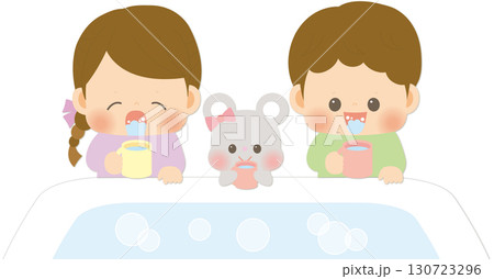 感染予防にうがいをする女の子と男の子とねずみのイラスト 感染予防にうがいをする女の子と男の子とねずみのイラスト 130723296