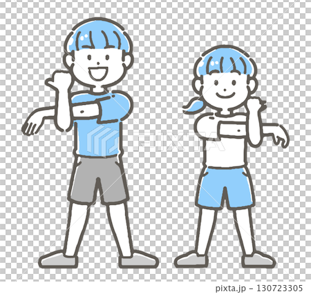 ストレッチ（柔軟）をする男の子と女の子 130723305