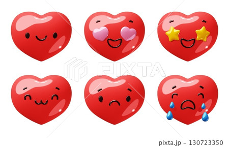 3d heart emoji faces. Cartoon funny red love symbols, different emotions and expressions, valentine day romantic signs, social media happy crying and surprised classy vector render glossy set 3d heart emoji faces. Cartoon funny red love symbols, different emotions and expressions, valentine day romantic signs, social media happy crying and surprised classy vector render glossy set 130723350