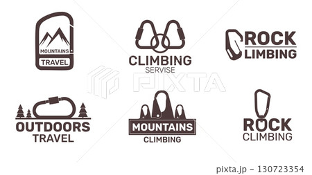 Climbing emblems. Carabiners silhouettes with inscriptions, mountains and trees, hiking logo, mountaineering label design, extreme sport and tourism logotype, qualitative vector isolated set Climbing emblems. Carabiners silhouettes with inscriptions, mountains and trees, hiking logo, mountaineering label design, extreme sport and tourism logotype, qualitative vector isolated set 130723354