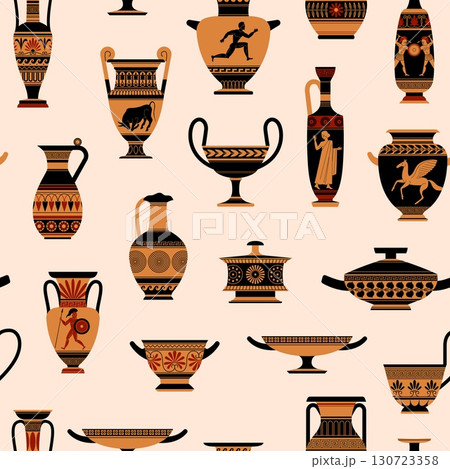 Greek vases seamless pattern. Traditional ancient amphorae, decorative ornaments, antique culture, museum ceramics. Textile, wrapping paper, wallpaper. Print for fabric tidy vector background 130723358