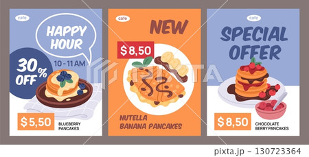 Pancakes cards. Happy hour coupons, tasty hot food, traditional breakfast discounts, sweet toppings, fried dough, morning cooking, special offer cafe menu garish vector cartoon isolated set Pancakes cards. Happy hour coupons, tasty hot food, traditional breakfast discounts, sweet toppings, fried dough, morning cooking, special offer cafe menu garish vector cartoon isolated set 130723364