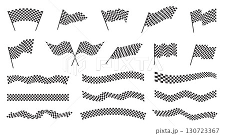 Racing flags and tapes. Chequered black and white signals, start, finish symbols, sport cars competition, waved crossed pennant, simple isolated borders for motorsport nowaday vector set Racing flags and tapes. Chequered black and white signals, start, finish symbols, sport cars competition, waved crossed pennant, simple isolated borders for motorsport nowaday vector set 130723367