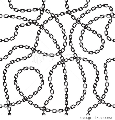Seamless pattern chains. Jewelry, black silhouettes, repeated segments, tangled lines, twisted, curved loops. Textile, wrapping paper, wallpaper. Print for fabric nowaday vector background Seamless pattern chains. Jewelry, black silhouettes, repeated segments, tangled lines, twisted, curved loops. Textile, wrapping paper, wallpaper. Print for fabric nowaday vector background 130723368