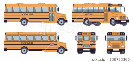 Yellow school bus. Vehicle for group students urban transportation, large passenger car, municipal property, automobile different views, auto for pupils cartoon flat isolated nowaday vector set 130723369