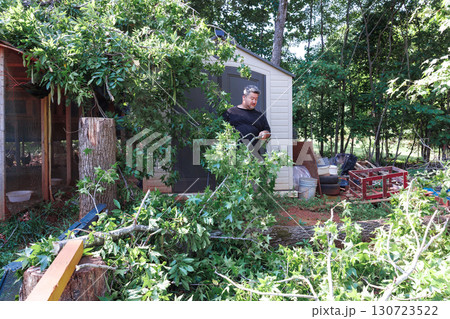Contractor is removing debris branches near small shed in green, wooded area after recent storm. 130723522