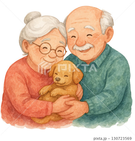 A happy elderly couple holding a puppy, radiating warmth and joy. 130723569