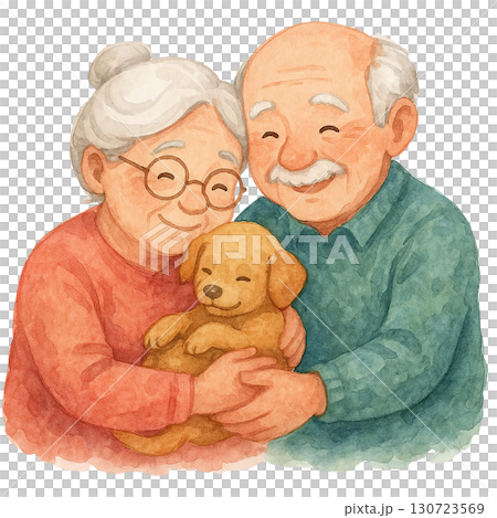 A happy elderly couple holding a puppy, radiating warmth and joy. 130723569