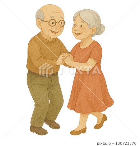 A joyful elderly couple dancing together in warm attire. 130723570