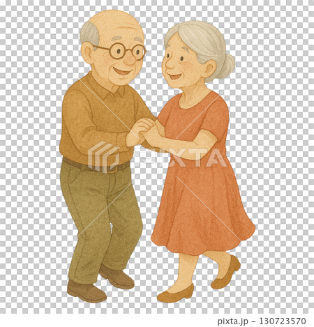 A joyful elderly couple dancing together in warm attire. 130723570