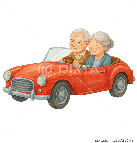 An elderly couple joyfully driving a red convertible car. An elderly couple joyfully driving a red convertible car. 130723578