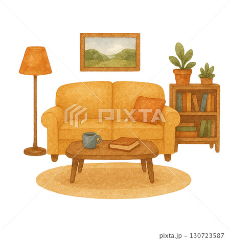 Cozy living room scene with yellow sofa and warm decor. 130723587