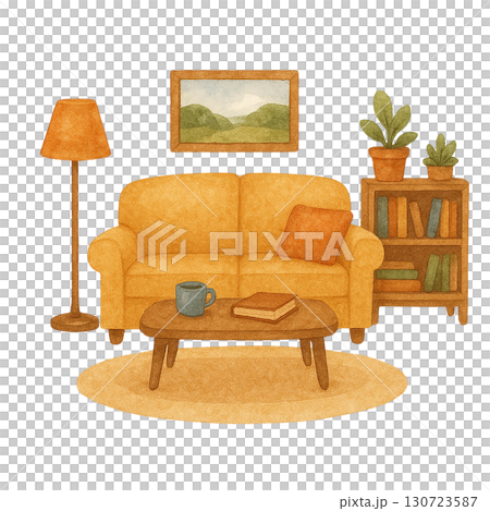 Cozy living room scene with yellow sofa and warm decor. 130723587