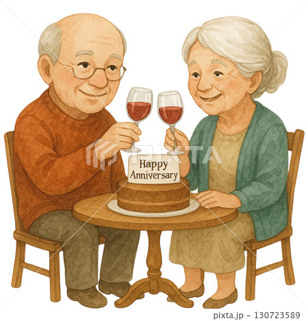 Elderly couple celebrating their anniversary with cake and wine. 130723589