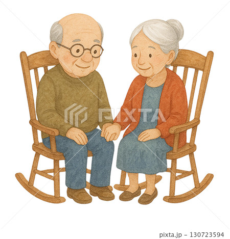 Elderly couple enjoying a moment together in rocking chairs. 130723594