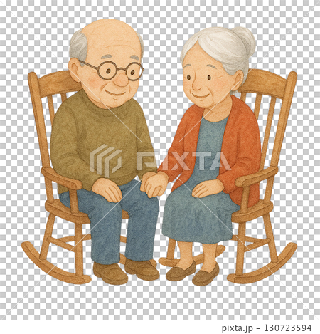 Elderly couple enjoying a moment together in rocking chairs. 130723594