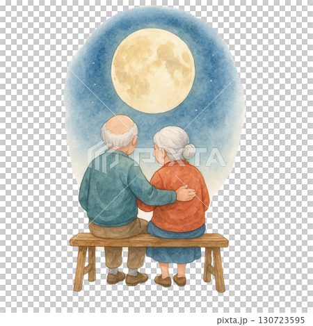 Elderly couple enjoying a serene moonlit evening together. 130723595
