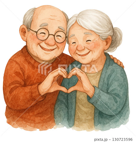 Elderly couple expressing love with a heart gesture. 130723596