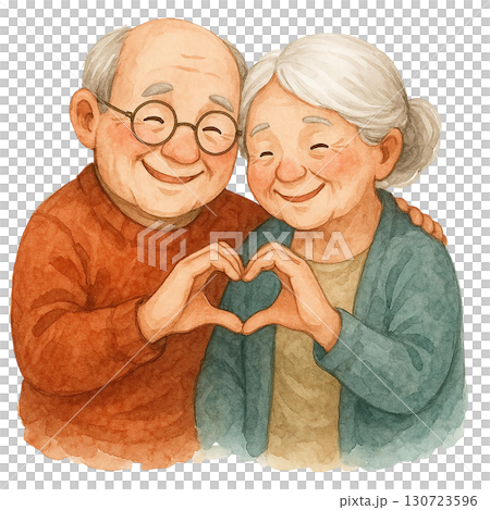 Elderly couple expressing love with a heart gesture. 130723596