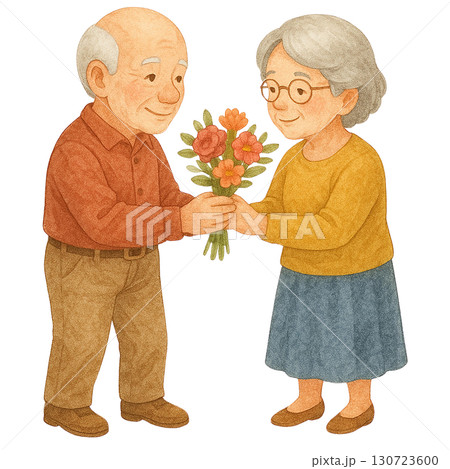 Elderly couple sharing a joyful moment with a bouquet of flowers. 130723600