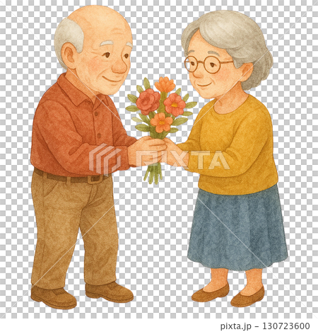 Elderly couple sharing a joyful moment with a bouquet of flowers. 130723600