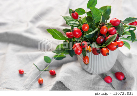 Rose hips spilling from a vase create a vibrant display of autumnal colors Rose hips spilling from a vase create a vibrant display of autumnal colors 130723833