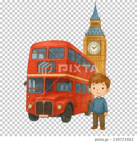 A cheerful boy standing next to a classic red London bus. A cheerful boy standing next to a classic red London bus. 130723882