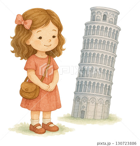 A cheerful girl gazing at the famous leaning tower. 130723886