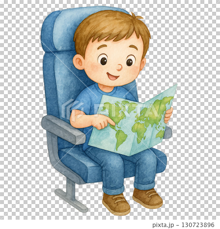 A happy child exploring a map on an airplane seat. 130723896