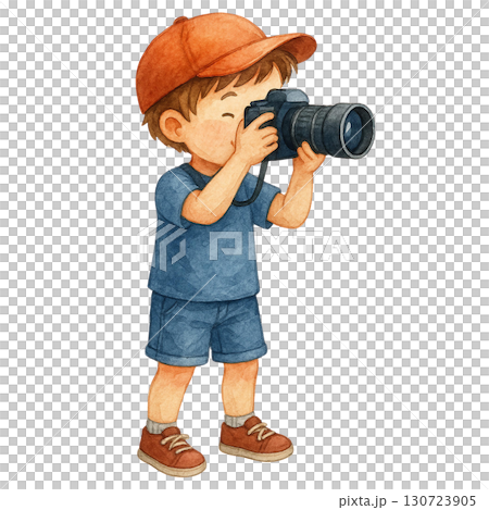A young boy happily taking photos with a camera. 130723905